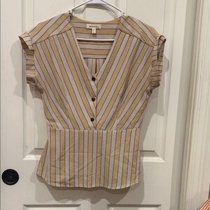 Monteau Beige and White Striped V-Neck Blouse